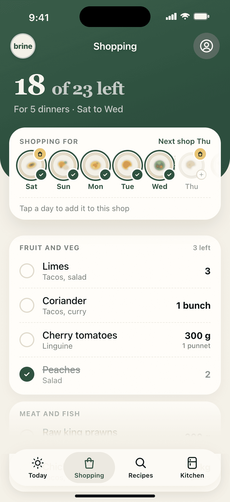 The shopping list: 18 of 23 left for five dinners, grouped by aisle with amounts and the dinners each item is for.